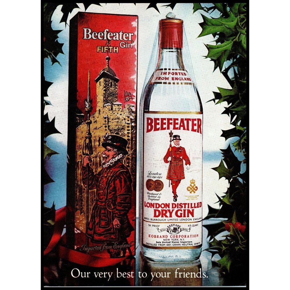 1976 Beefeater London Dry Gin Vintage Print Ad Christmas Box Holly Bush Wall Art
